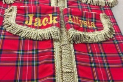 Cab curtains in Stewart Royal tartan with gold bullion trim.  Personalised to customers specifications