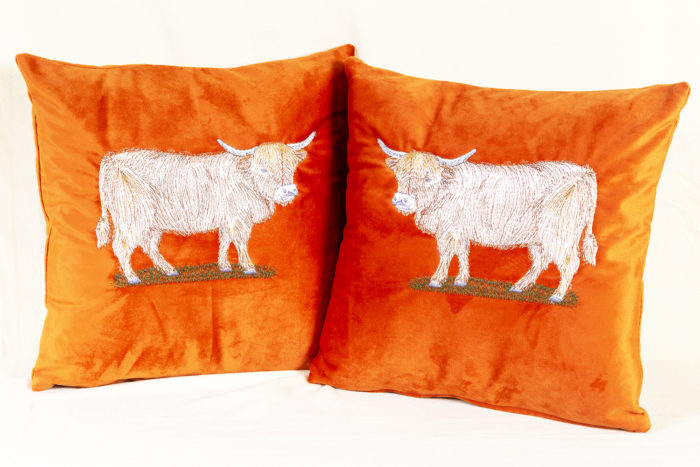 Highland Cow cushions from Whiterig Truck Curtains