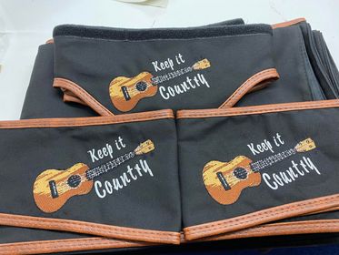 Set of Whiterig cab curtains with guitar and keep it country embroidery design